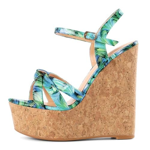 YODEKS Women's Platform Wedge Sandals-Ankle Strap Heel — Floral Green