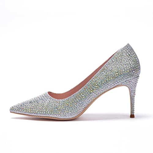 Genshuo Women's 3 Inch Stilettos Closed Toe Dress Pumps — Silver Rhinestone