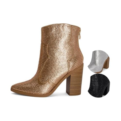 Chariot & Co Wyatt Sparkly Cowgirl Boots – Silver, Gold, Black Rhinestone Heel — Deep Gold