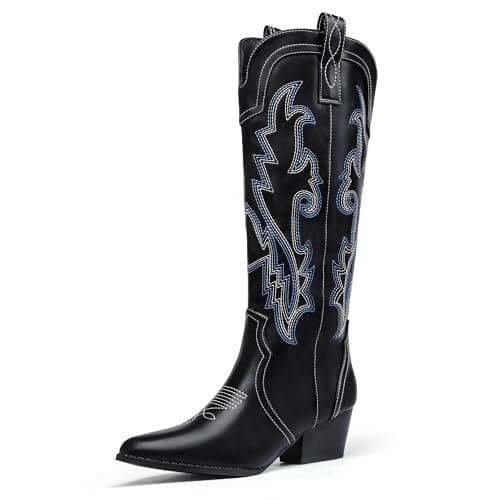 IDIFU IN2 Women's Embroidered Cowgirl Knee-High Western Boots — Black
