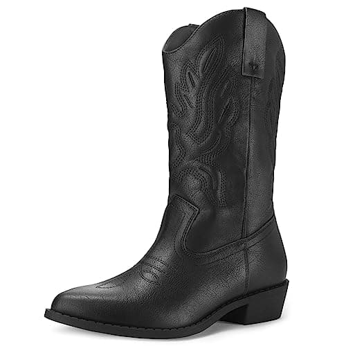 Mysoft Women's Cowboy Boots Embroidered Mid-Calf Pointed Toe — Black Pu