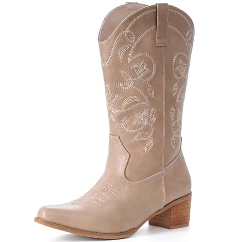 IXU Women's Wide Calf Pointy Toe Mid Calf Western Boots — Apricot