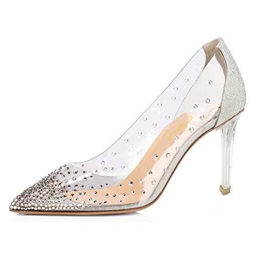 FSJ Women's Studded Pointed Toe Transparent High Heels with Bowknot US 4-15 M — Silver-clear Heel 8.5cm