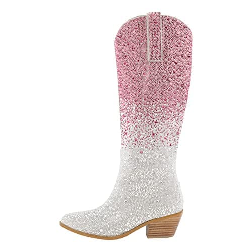 Richеalninni Sparkle Rhinestone Cowboy Boots for Women — Silver and Pink