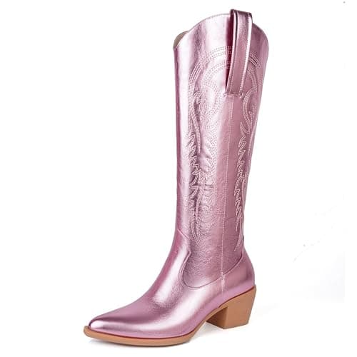 DOBOYG Women's Western Embroidered Cowboy Boots with Chunky Heel Perfect for Country Concerts — Pink
