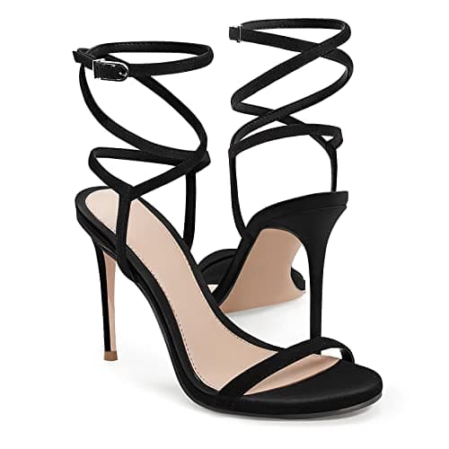 Coutgo Womens Strappy Lace-Up Heels Sandals Summer Dress Shoes — Black