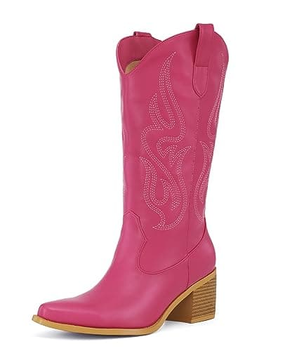 Pasuot Western Mid Calf Boots for Women with Embroidery — Hot Pink
