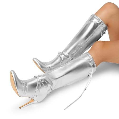 Dream Pairs Women's Metallic Knee High Stiletto Heeled Pointed Toe Dress Boots with Stud Zip Tassel