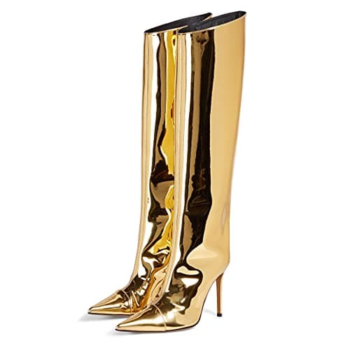 Arqa Women's Chrome Zipper Knee High Stiletto Heel Boot — Gold
