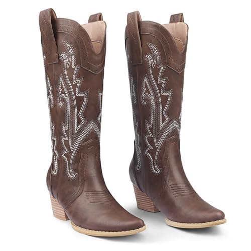 Zzheels Women's Mid-calf Cowboy Boot Embroidered Pointy Toe Cowgirl Heels — Dark Brown