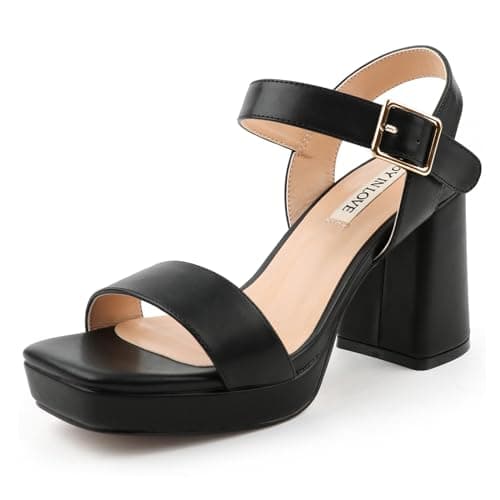 JOY IN LOVE Women's Chunky Platform Heels Ankle Strap Sandals — Black Matte
