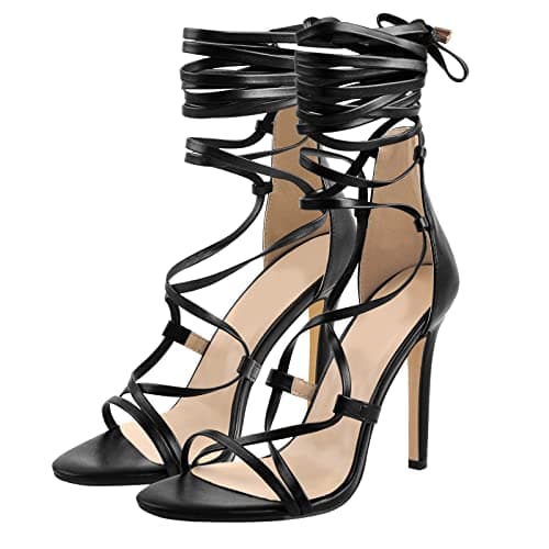 LISHAN Women's Knee High Open Toe Criss Cross Stiletto Heels Sandals — Black Strappy Heel