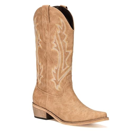 RURUNA Women's Black Mid Calf Square Toe Cowboy Boots
