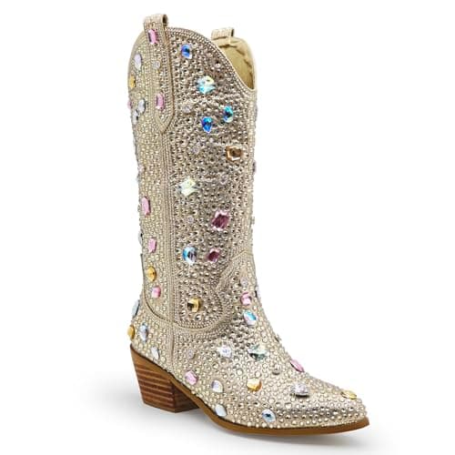 KEEISEA Women's Sparkle Rhinestone Cowboy Boots Wide Glitter Fashion Party — Gems Gold