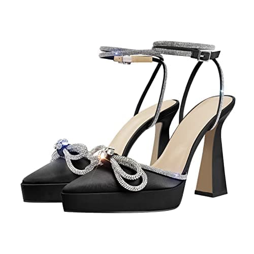 Richealnana Women's Platform Bowknot Stiletto Heel Sandals for Party Prom — Black