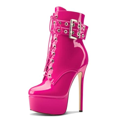Womens Aachcol Stiletto Heel Platform Ankle Boots Patent Leather Zipper Buckle — Magenta