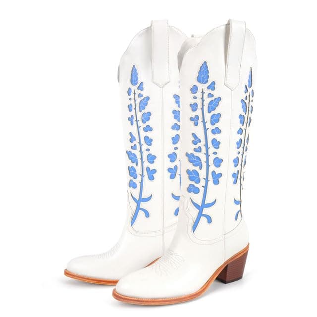 Richealnana Women's Cowgirl Short Embroidered Boots with Chunky Heels