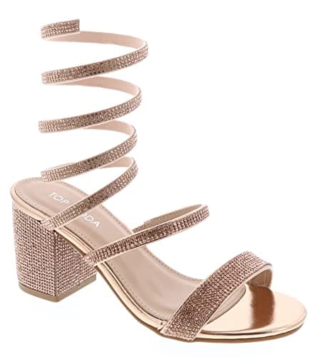 Top Moda Women's Rhinestone Spiral Ankle Strap Heels Sandals — Rose Gold Rhinestone