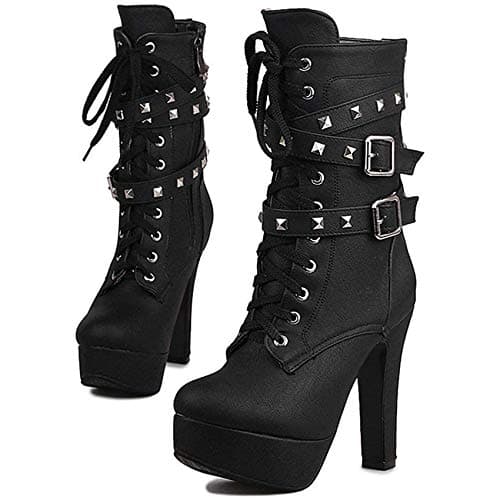 ForeMode Women's Gothic Leather Ankle Boots with Studded Strap