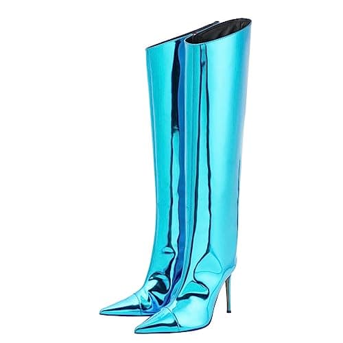 Arqa Women's Chrome Zipper Knee High Stiletto Heel Boot — Blue
