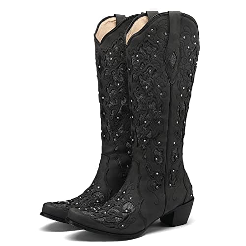 SaraIris Black Cowgirl Booties for Women Knee High Rhinestones