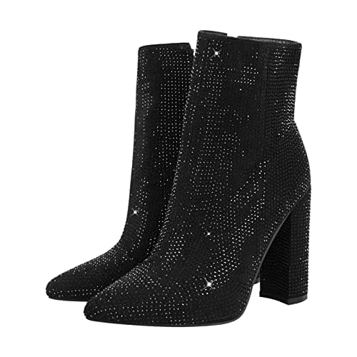 Richealnana Women's Rhinestone Block Heel Knee High Booties for Party Prom
