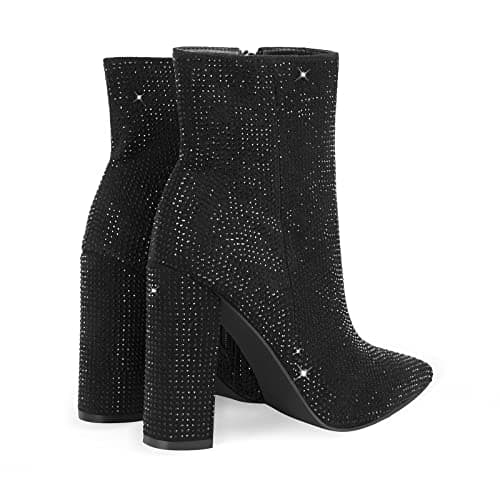 Richealnana Women's Rhinestone Block Heel Knee High Booties for Party Prom