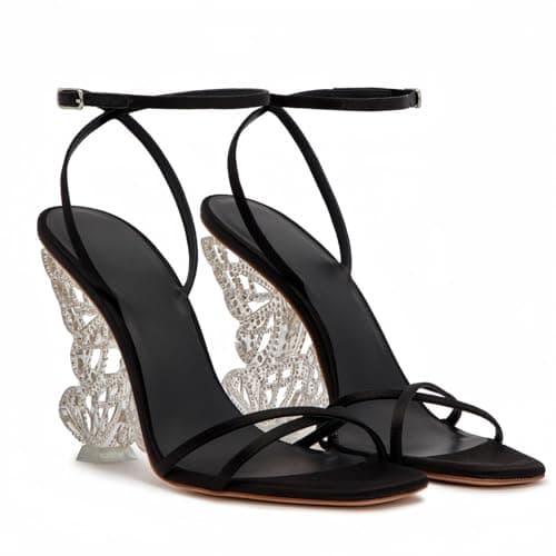 Longwenxuan Open Pointed Ankle Strap Rhinestone Heels for Women — Black