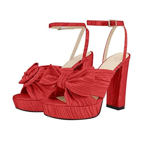 Richealnana Women's Chunky Heel Bowknot Ankle Strap Sandals — Red
