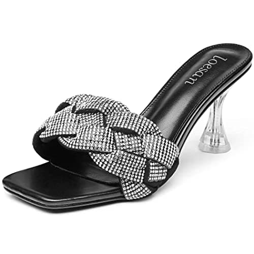 Loesan Women's Clear Lucite Rhinestone Heeled Mules Slip-On Wedding Slippers — Black