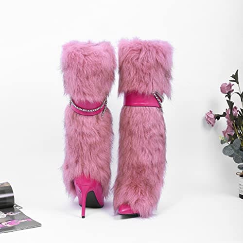 Ouwilov Pink Fluffy Knee-High Boots for Women Warm Winter Fashion