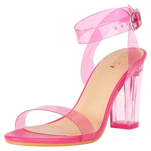 ZriEy Clear Block Sandals for Women Chunky Heels Open Toe Adjustable Ankle Strap Pump — Rose Clear