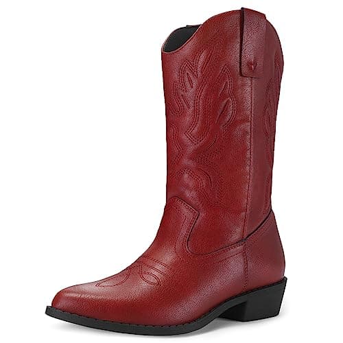 Mysoft Women's Cowboy Boots Embroidered Mid-Calf Pointed Toe — Red
