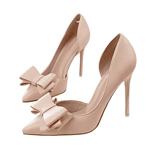 Coutgo Women's Bow Heeled Closed Toe Stiletto Wedding Pumps — Nude