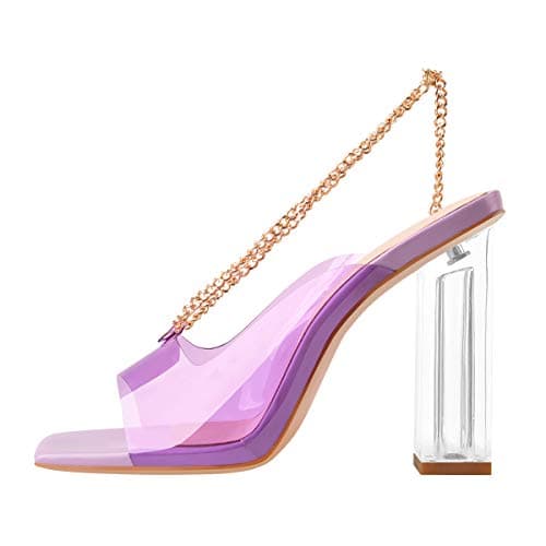 Richealnana Women's Square Toe Clear Block Heel Chain Sandals — Purple