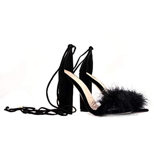 Richealnana Women's Fuzzy Cozy Strappy Feather Heeled Sandals