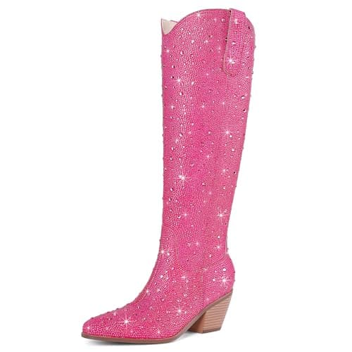 RONILURN Women's Cowgirl Ankle Boots with Rhinestone Heel — Knee High Hot Pink