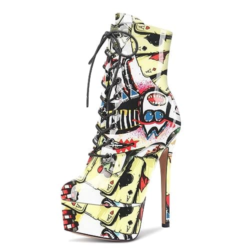 Castamere Women's High Heel Lace-Up Ankle Boots With Zipper Stiletto Heels 6 Inches — Poker Pattern