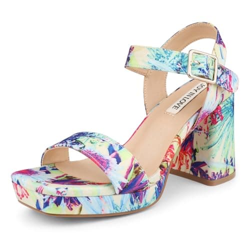 JOY IN LOVE Women's Chunky Platform Heels Ankle Strap Sandals — Floral Fabric