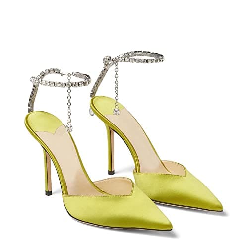 LauraVicci Women's Crystal Chain Heeled Sandals with Rhinestones Buckle Satin Shoes — Yellow Satin