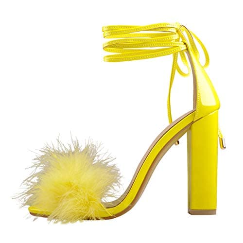 Richealnana Women's Fuzzy Cozy Strappy Feather Heeled Sandals — Yellow
