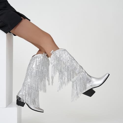 Metallic Cowgirl Sparkly Sequin Knee High Boots for Women