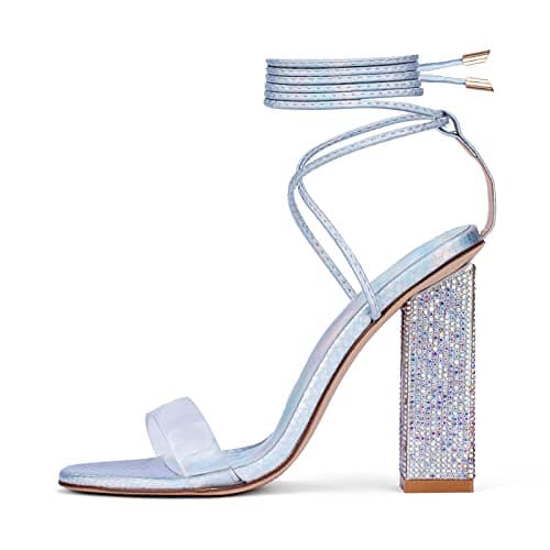 Genshuo Women's Strappy Rhinestone Chunky Heel Open Toe Party Wedding Shoes — Holographic Silver