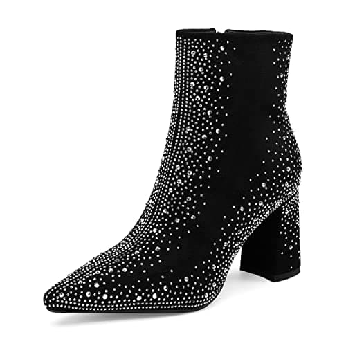 Perisis Women's Sparkly Rhinestone Block Heel Ankle Boots