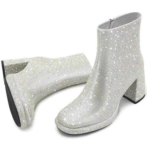 FINDVELL Chunky Heeled Sparkly Rhinestone Wedding Booties Glitter Ankle Shoes