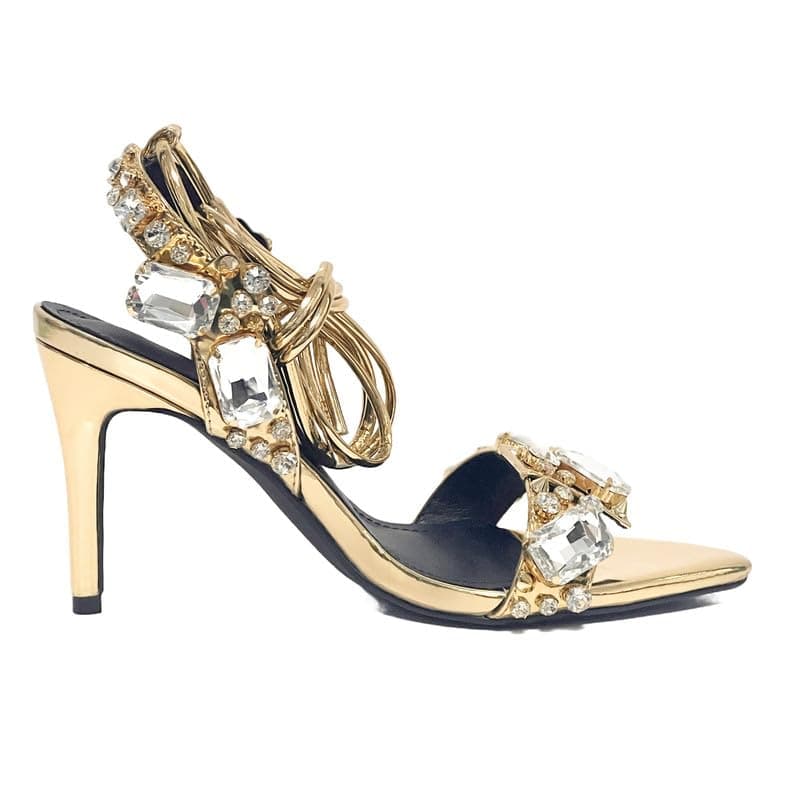 LISHAN Women's Rhinestone Anklet Strappy Pointed Heel High Heels Lace-Up Sandals — Gold