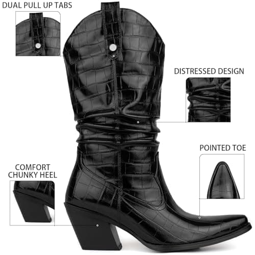 MISSMILLER Women's Embroidered Square Toe Cowboy Cowgirl Boots Western Mid Calf Heel