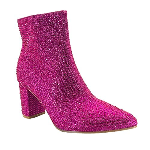 ABSOLEX Women's Pointed Toe Rhinestone Ankle Booties Heel — Fuchsia