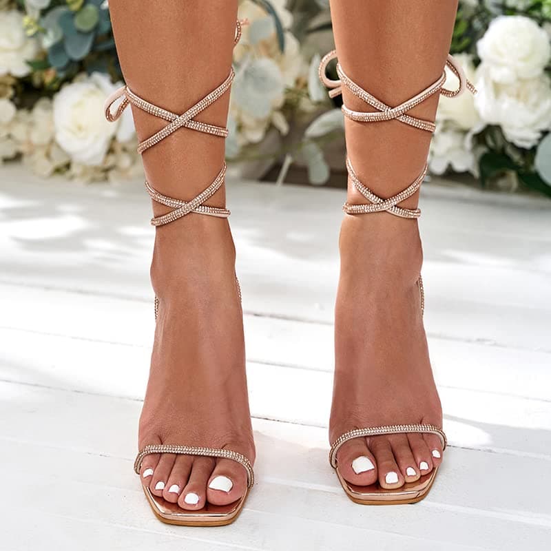 Women's Rhinestone Lace-Up Sandals with Clear Heels for Party and Prom