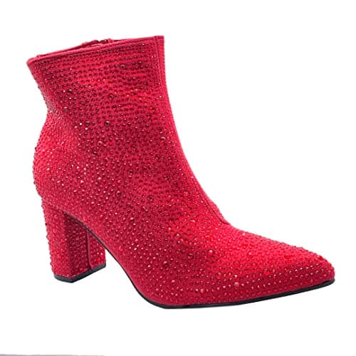 ABSOLEX Women's Pointed Toe Rhinestone Ankle Booties Heel — Red